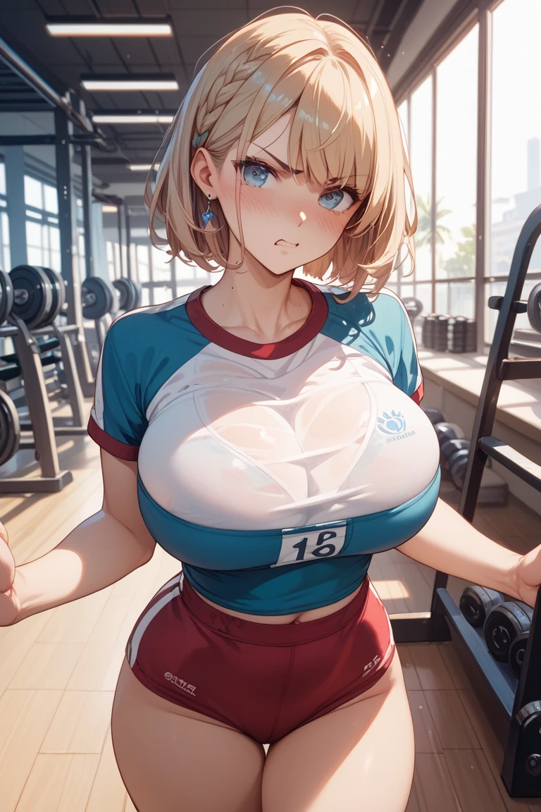 [Lainey d], view from the front, gym background, blonde, blue eyes, (((sexy gym outfit))), (((massive boobs))), perfect face,