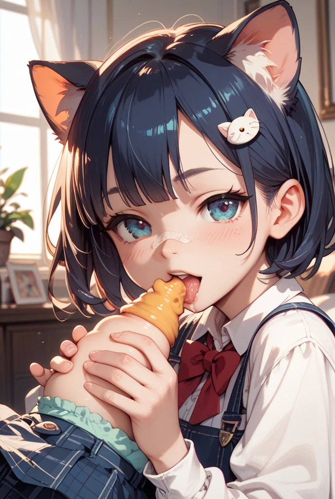 A little Japanese girl eating popsicles in her mouth, short hair, white background, --auto --s2