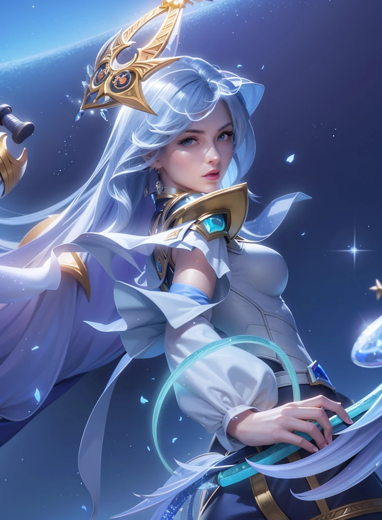 Crie uma linda mulher, Sona, de League of Legends, personagem anime, Sailor Guardian Clothing, menina do zodiaco, white pantyhose, teclado musical ornamentado, aurora boreal