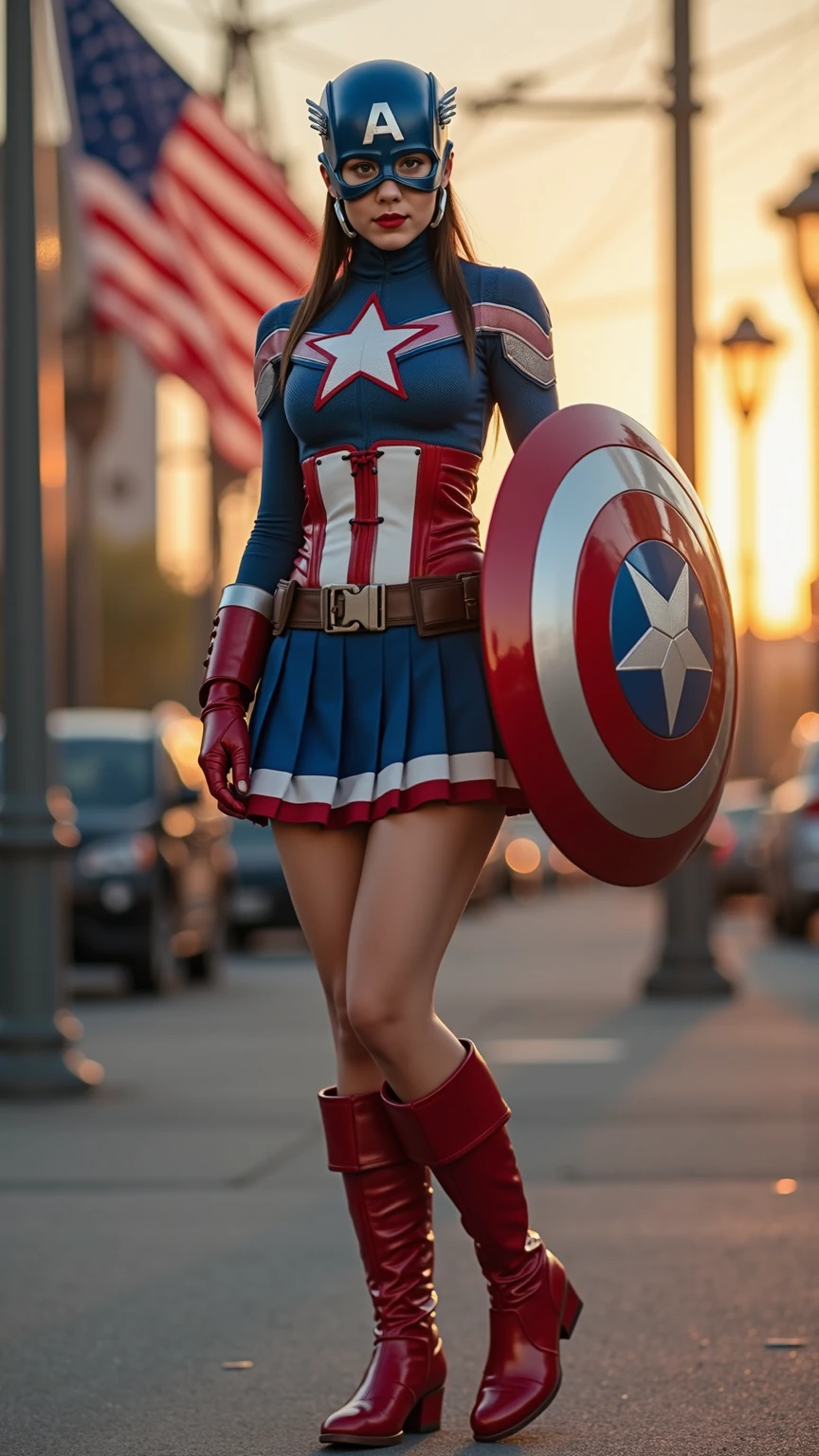 4k, realistic, carismatic, very detail, there is a girl on top city, wearing captain america costum, she is a captain america, white super hero theme, white long hair, 25 years old, full body