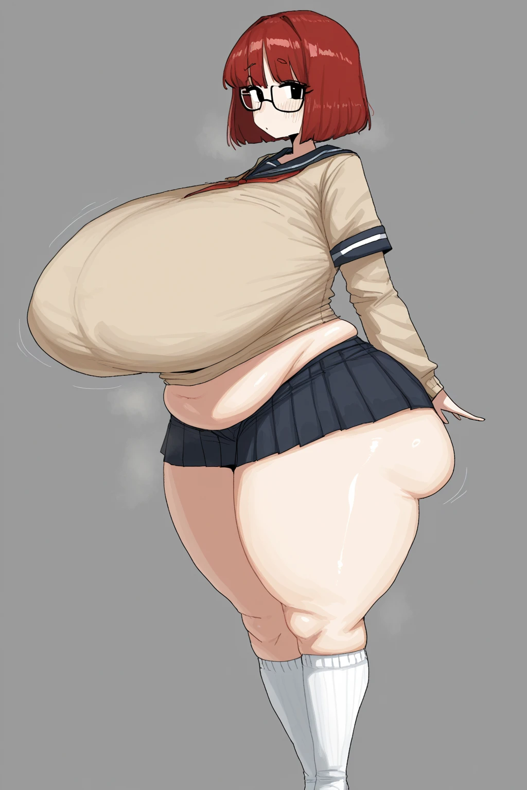 ((best quality)), ((masterpiece)), (cartoony style), perfect face, male character, ((femboy)), cute boy, (japanese schoolboy), (japanese school light blue summer sailor uniform), wet clothing, ((light brown thin skintight bike shorts)), wet shiny light brown spats, sweaty reflective light brown short spandex pants, (bottom heavy), big butt, wide hips, ((thick plump thighs)), (visible bulge in pants), (flat chest), small breasts, slim belly, fair skin, (short split brown hair), big hazel eyes, ((detailed eyes)), red cheeks, blush, (smug smile), ((bratty expression)), ((sweaty)), steaming breath, aroused, (japanese school background), teasing pose