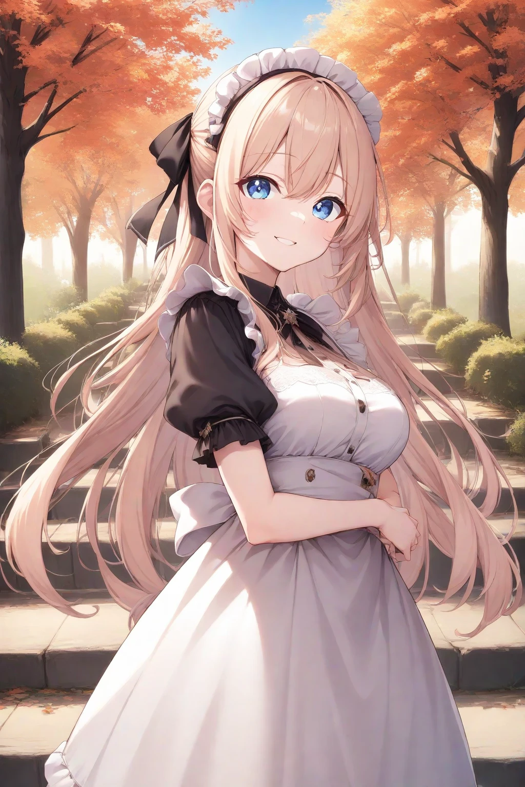 masterpiece,best quality,1girl,park,bench,long blonde hair,suspenders,long white fancy dress,frills,upper body