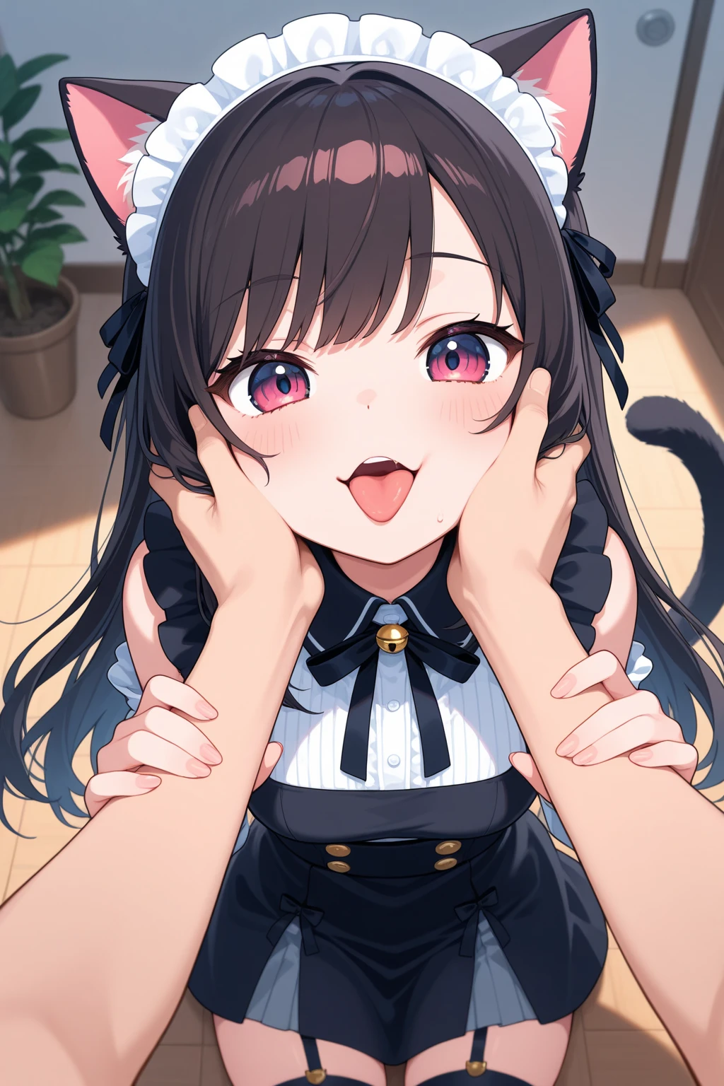 Score_9, Score_8_up, Score_7_up, Score_6_up, Score_5_up, Score_4_up, source_anime, 1girl, karyl, animal ear fluff, animal ears, black hair, black ribbon, cat ears, cat girl, cat tail, fang, green eyes, hair bow, long hair, low twintails, multicolored hair, purple bow, ribbon, skin fang, streaked hair, tail, twintails, vertical stripes, white hair, standing, penis licking, embarrassed, pov, cum in mouth