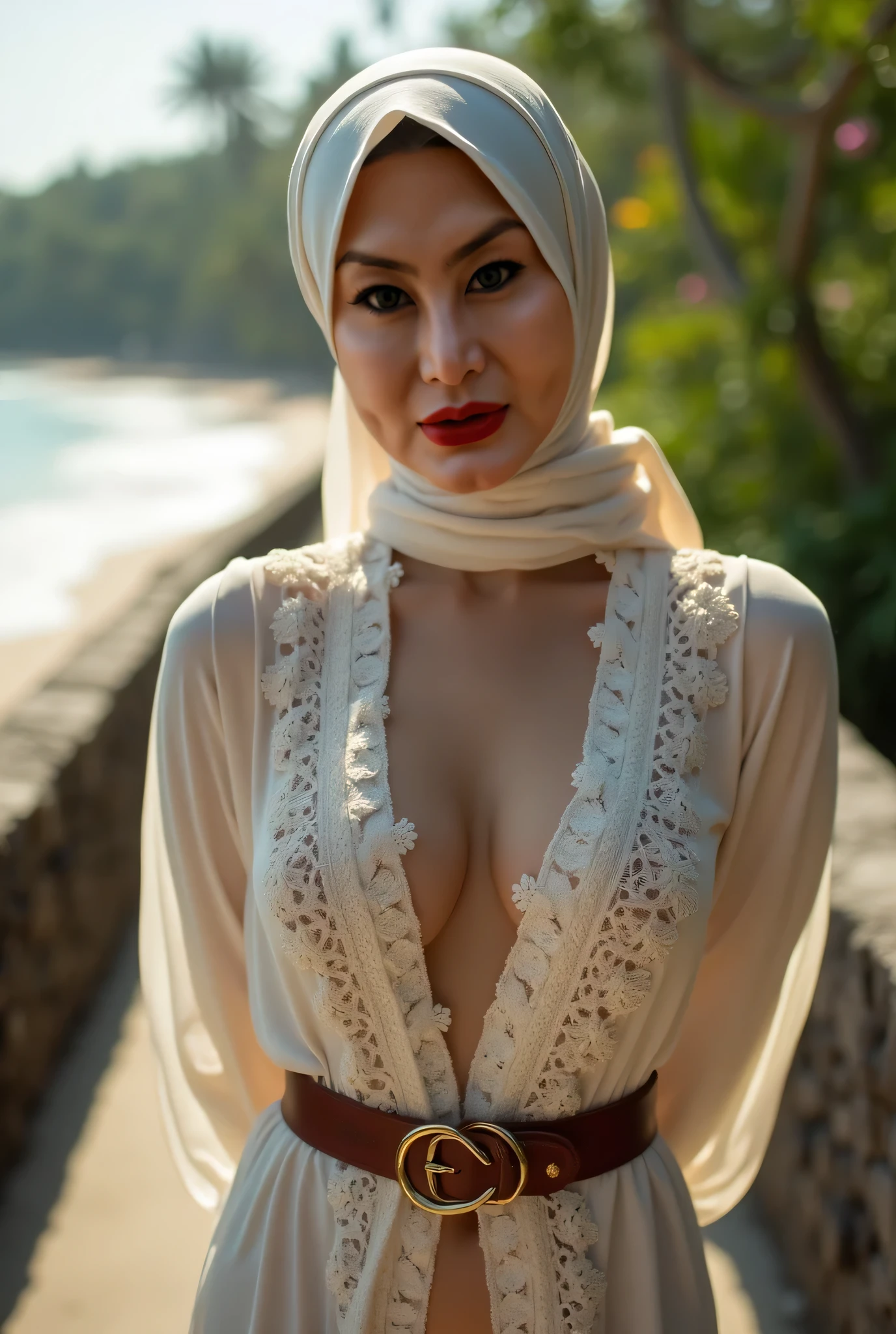 Beautiful, cute baby Face, 16 Years old russian lolita Girl, red lipstick, sensual Lipstick, dark red lipstick,blue eyes, (wearing hijab) and sexy kebaya dress, Rounded big Breast, cleavage cutout, slightly Chubby , luxury necklace, White Skin, Smiling, Dark City Background, mid shot, upper body, Perfect Potrait, Bokeh Effect, Look at Viewer, Armpit, Perfect Eye, Perfect Hand, Perfect Finger, Bracelet, Ring, small breast, ((adorable:1.2)), ((masterpiece:1.1)), ((bokeh:1.2)),