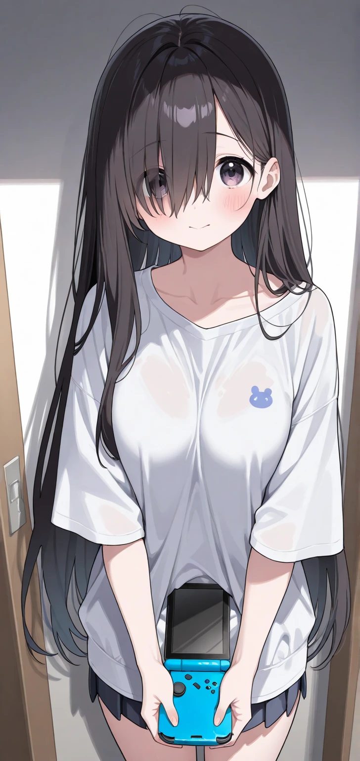 16k,1girl,12歳,very cute,black hair,twintail,(((thin twintail))),long hair,black eyes,nude,small breast,white background,blush,:o,lying on back,bed , ((nipple slip from t-shirt,clothed)),(((nipple focus))),pov,from front,(nsfw)