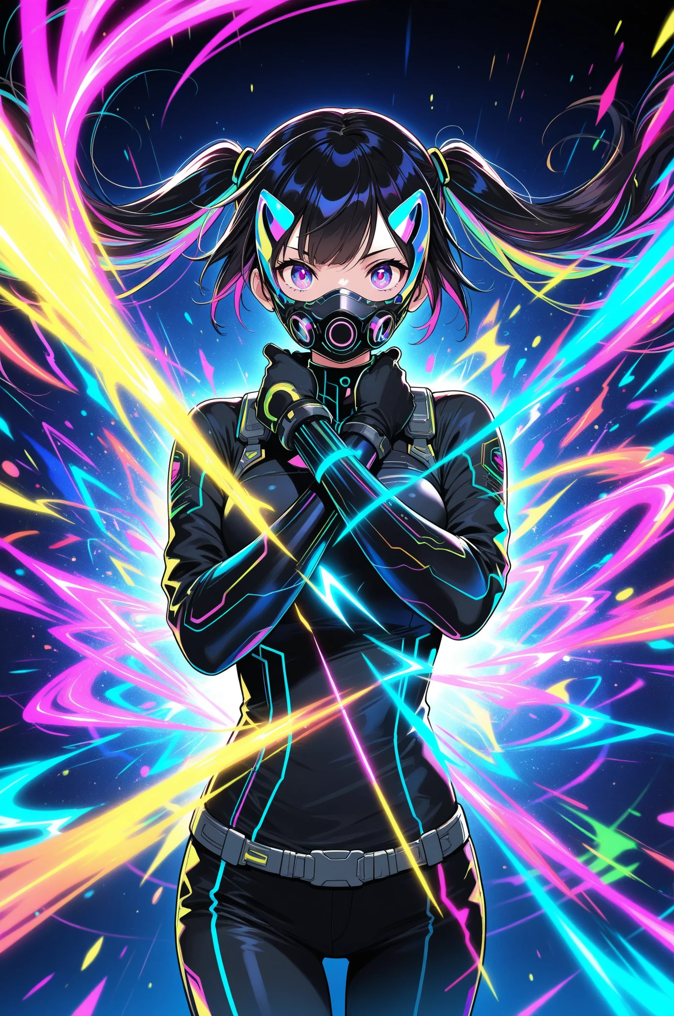 very dark navy background, dynamic angle, flat color, full body, graffiti, splash paint, 1girl, synth wave, cyan short hair, hot pants, detailed eyes, sharp pupils, realistic pupils, ((neon, glow:1.3))