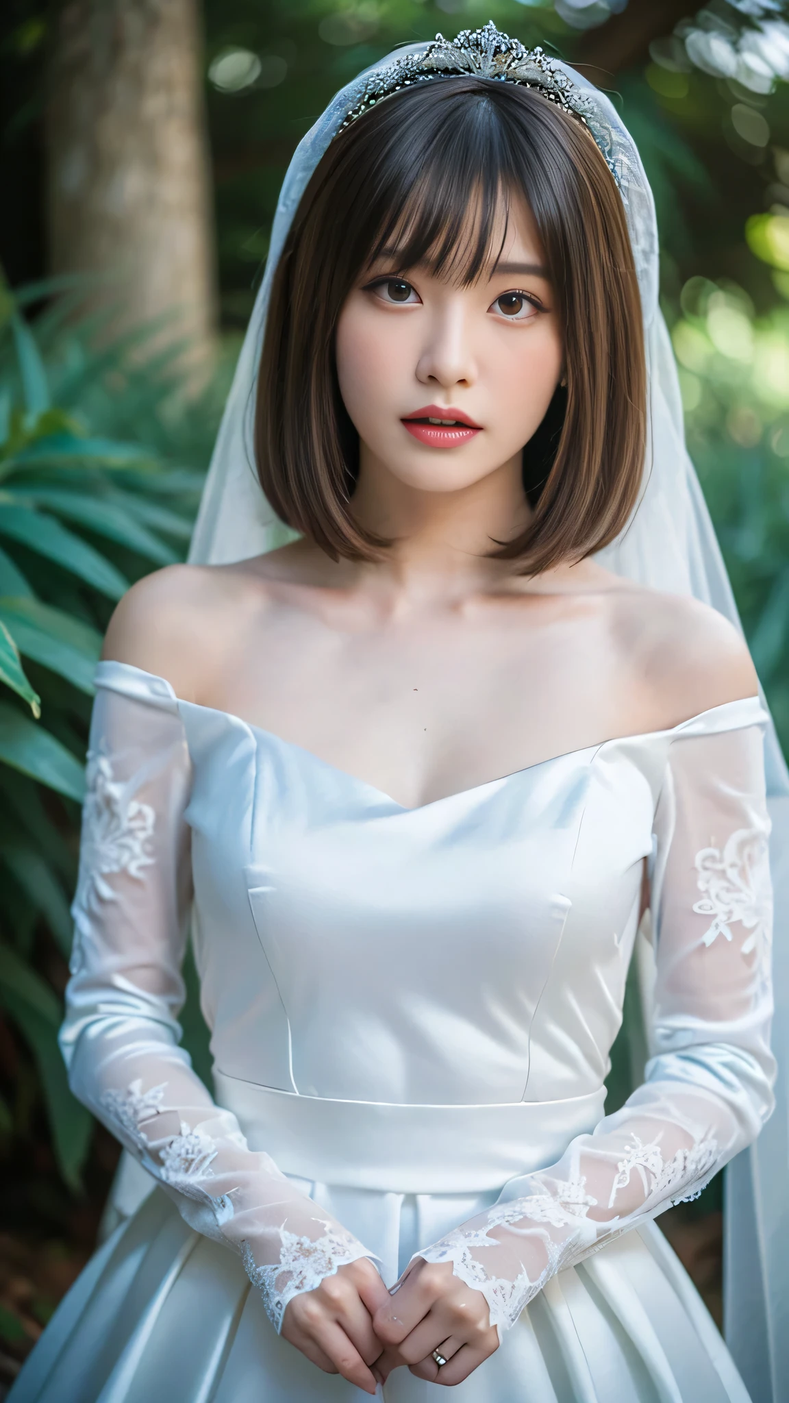 (taken directly from the front),(Photos of women in wedding dresses made of shiny pale blue satin fabric),(masterpiece, top quality , Ultra High Accuracy),very detailed CG,(Eye makeup to lengthen eyelashes),Straight bob hair with bangs,tiara hair accessory,hanging eyes,(A picture of a woman wearing a simple long sleeve wedding dress made of pale blue satin fabric looking at me with a mysterious expression),Luxurious skirt made of shiny pale blue satin fabric,((I'm in a dark forest )),Close-up picture of chest,Pose with hands lowered straight down