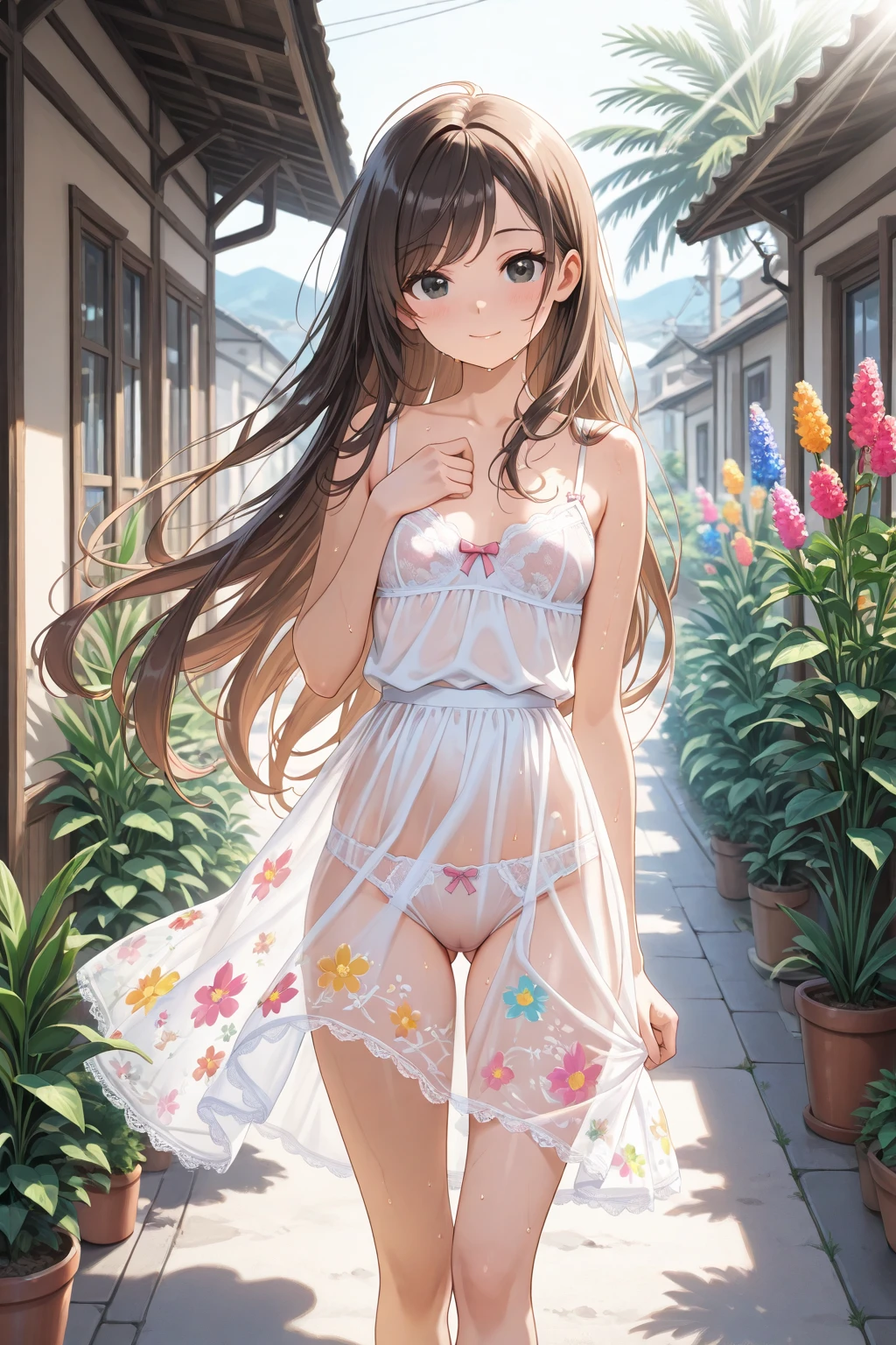 (masterpiece), Highest quality, One Girl, 8-year-old girl, pretty girl, Flat Chest, Black Hair, Very long hair, She is looking towards the viewer, She is wearing a bright red leather collar., 
She wears a white camisole, Pure white clothes, Clothes without collars, She is wearing a sleeveless camisole, Exposed shoulders, The clavicle is visible, The material of her clothes is very thin, The camisole is sheer, The naked body is clearly visible, Her nipples are pressed against the fabric of her dress, (Erect nipples showing through the fabric), 
She doesn't wear a skirt, The lower half is naked, She is exposing her waist, She is exposing her hips, She doesn't wear underwear, She&#39;s not wearing a bra, She&#39;s not wearing panties, her pussy is visible, She purposely shows off her pussy, she has no pubic hair, 
She stands with her legs spread, Open your knees, Wearing a straw hat, She is barefoot and wearing sandals, 
Very shy, blush, 
She is walking on the sidewalk, Blue sky behind, The men are walking behind her., 