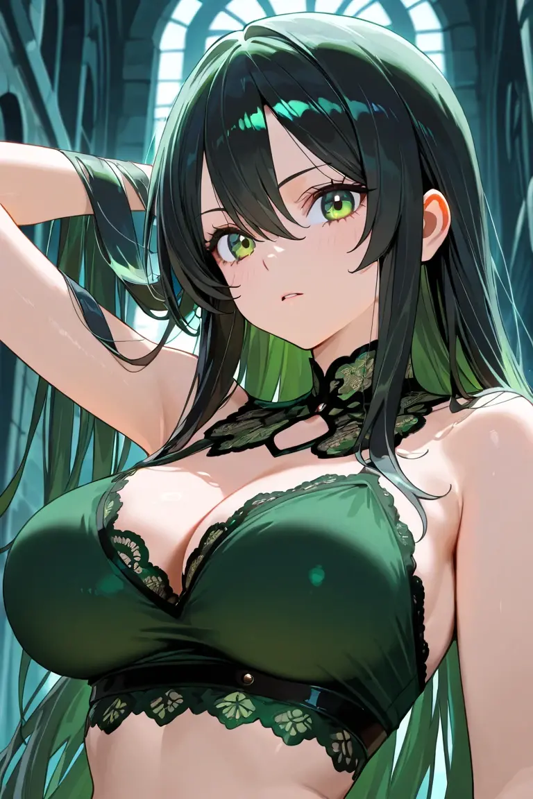 ((masterpiece)), highest quality, Super detailed,(One girl),Yui Kotegawa morphing into lizard, Long Hair,Beautiful background , chest, Curved body, Look to the side, Worried face,