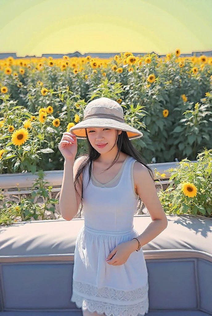 Chubby young girl picking flowers in a field