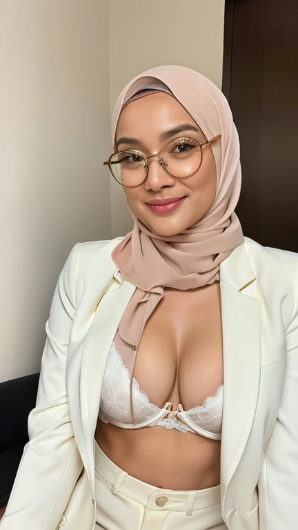 spectacles (Wearing Bra Lingerie), (((HIJAB MALAY GIRL))), masutepiece, High quality, UHD 32K, Realistic face, Realistic skin feeling , A Malay Lady, 48 years old, , Very cute and baby-like face, (((FLAT CHEST))), (MATRIX WORLD), ((look In front at the camera and SADNESS)), ((())), (((CUTE GIRL))), ((WHITE LIPS)), ((WHITE)), (undress). WEAR BRA LINGERIE, white, lace, ((heavy breasts)), ((Saggy Boobs)), gold, leather jacket