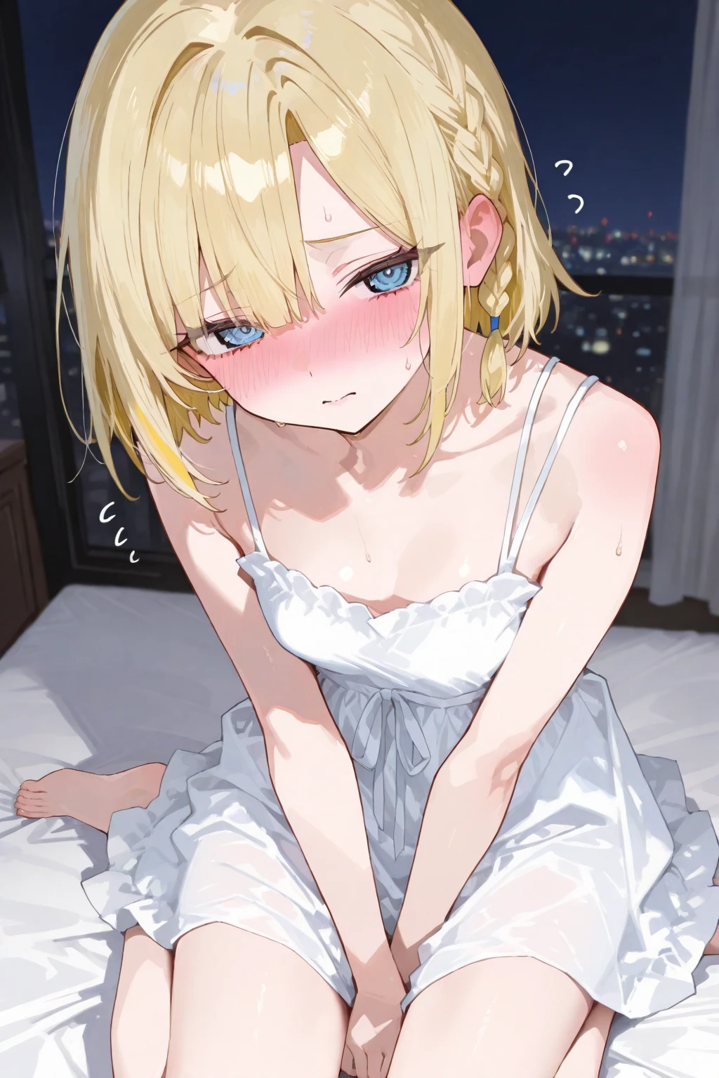 ((masterpiece, best quality)), high resolution,ultra detailed,8k,16k,detailed background, perfect lighting,detailed beautiful eyes, 1girl,solo,nsfw,embarrassed,blush,steam,sweat,in heat,look at viewer,face focus,(from above,lying,on back:1.2),show off pussy,provocative eyes,fisheye lens,be breathless,(show off armpits),
,syaro gochiusap,kawaii,teenage,small breast,gold hair,medium hair,white shirt,neck ribbon,skirt