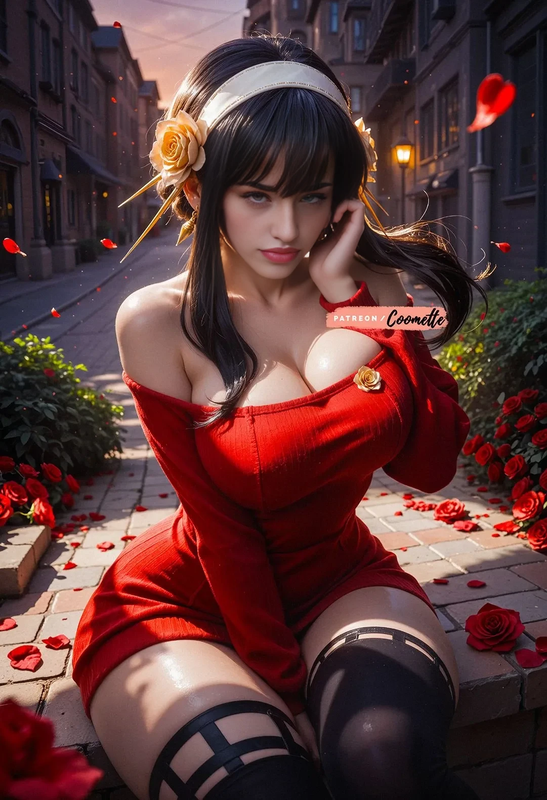 A girl in bold cherry colour dress with dark bold character no one dares to look into her eyes