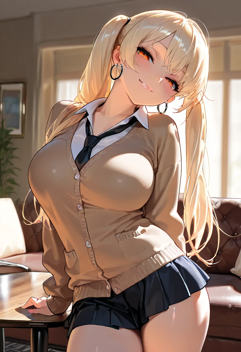 (masterpiece), best quality, (SHARP details), ((gyaru)), large breasts, (school uniform), (partially unbuttoned shirt), blonde, (dark skin), 4k, short skirt, (voluptuous), ((delinquent)), school bully, sitting, view from front, looking down at viewer, looking at viewer, ((grinning)), (mischevious), (teasing), (spiky, long hair), pierced ears, gold necklace, 