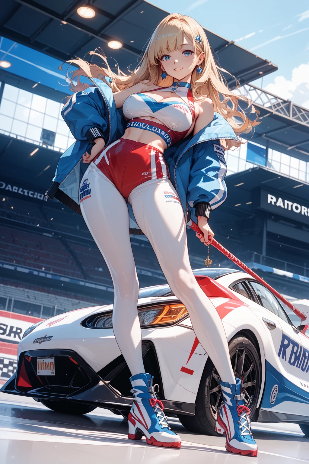 One Woman Race Queen Posing for the camera in front of a sports car High leg Low - Angle