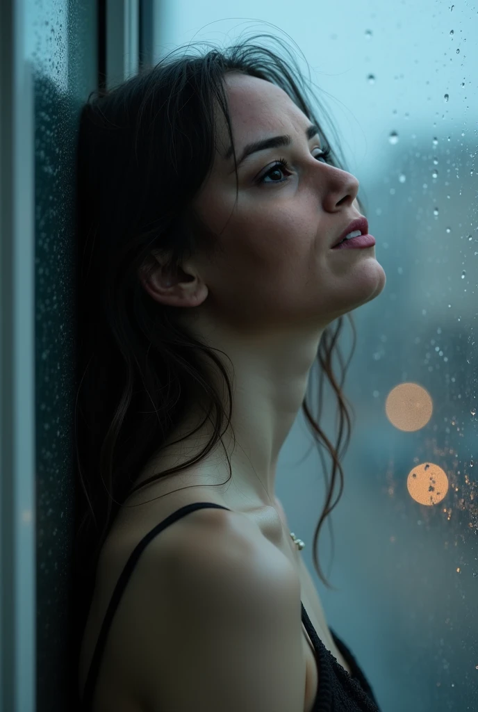 Sexy lady standing alone in rain, realistic, wet, 8k