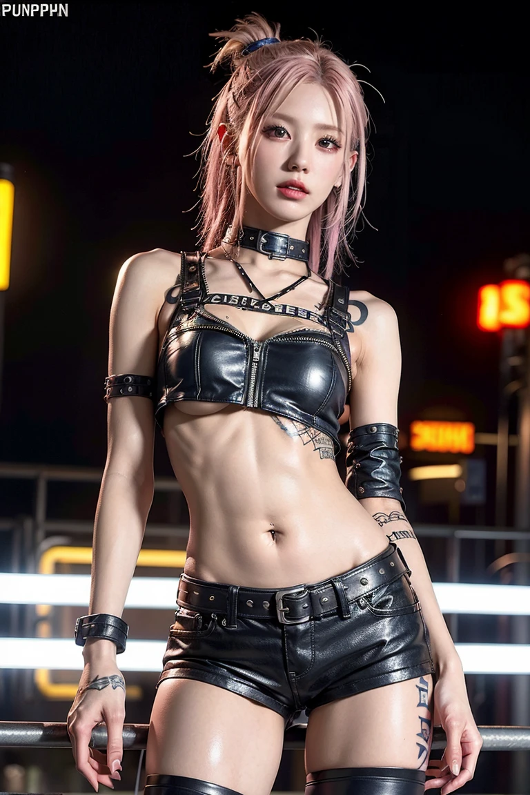 Highest quality、Surreal、Perfect Anatomy、Wet and shiny white skin、Model body type、Sweat dripping down my body、Super small face、Ahegao、Cyberpunk City、Black urban techwear、pink, Silver and gold hair、Black Micro Bikini、Neon Light、tattoo、Japanese sword、