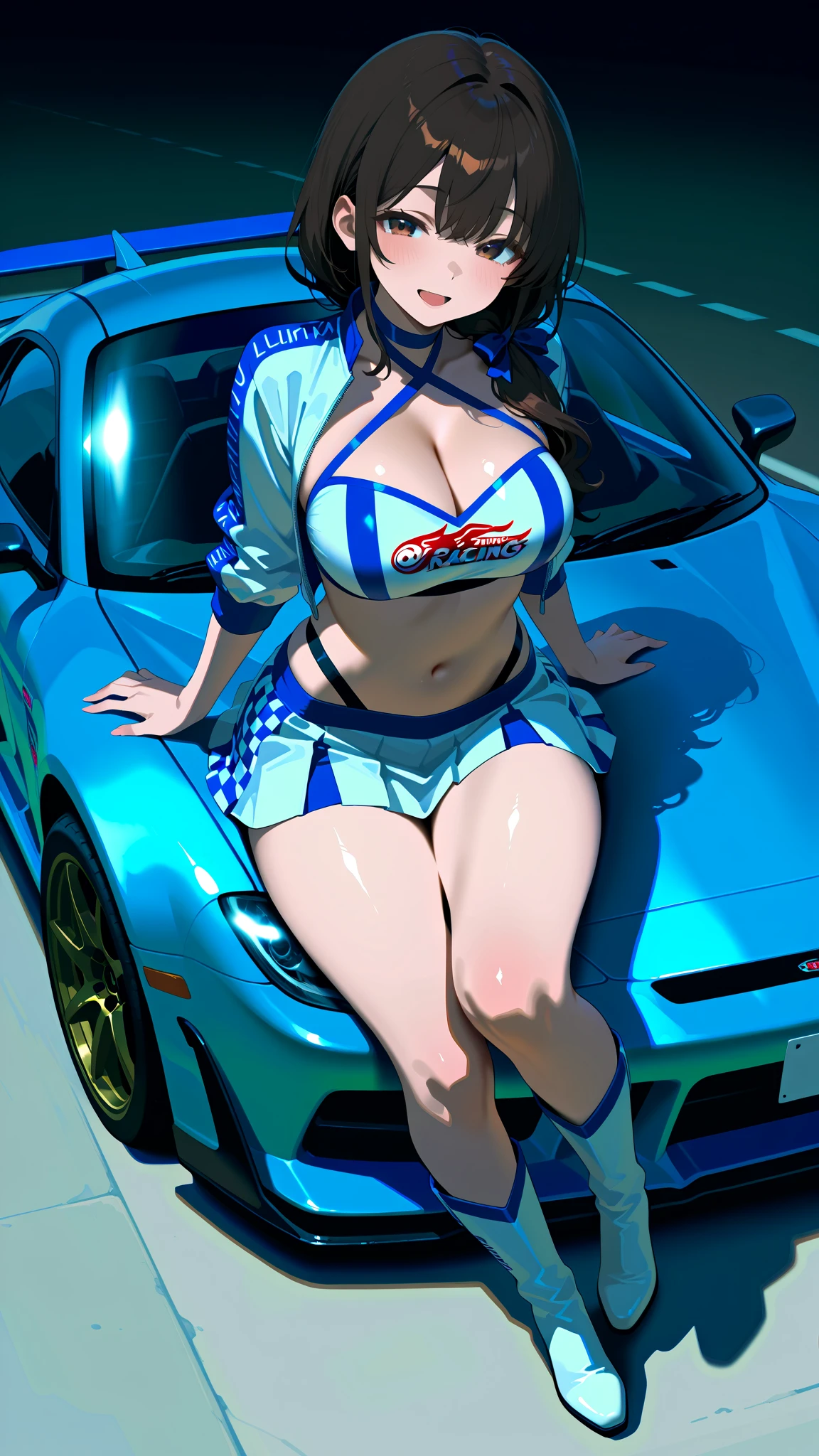 One Woman　Race Queen　Posing for the camera in front of a sports car　High leg　Low - Angle　Cute smile