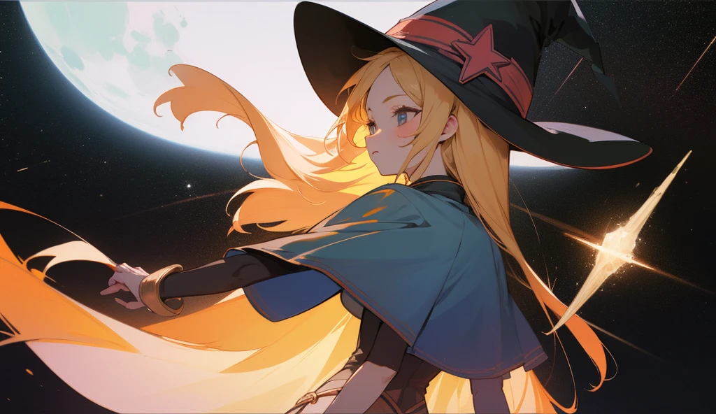 masterpiece, best quality, ultra-detailed, glistening shiny, glowing light, ray tracing, HDR, deph of field, (perfect face, detailed face), <lora:AizawaAzusa:0.7>, aizawaazusa, very long hair, braid, small breasts, white shirt, yellow ascot, strapless, green skirt, belt, black coat, witch hat, bare legs, standing. from behind