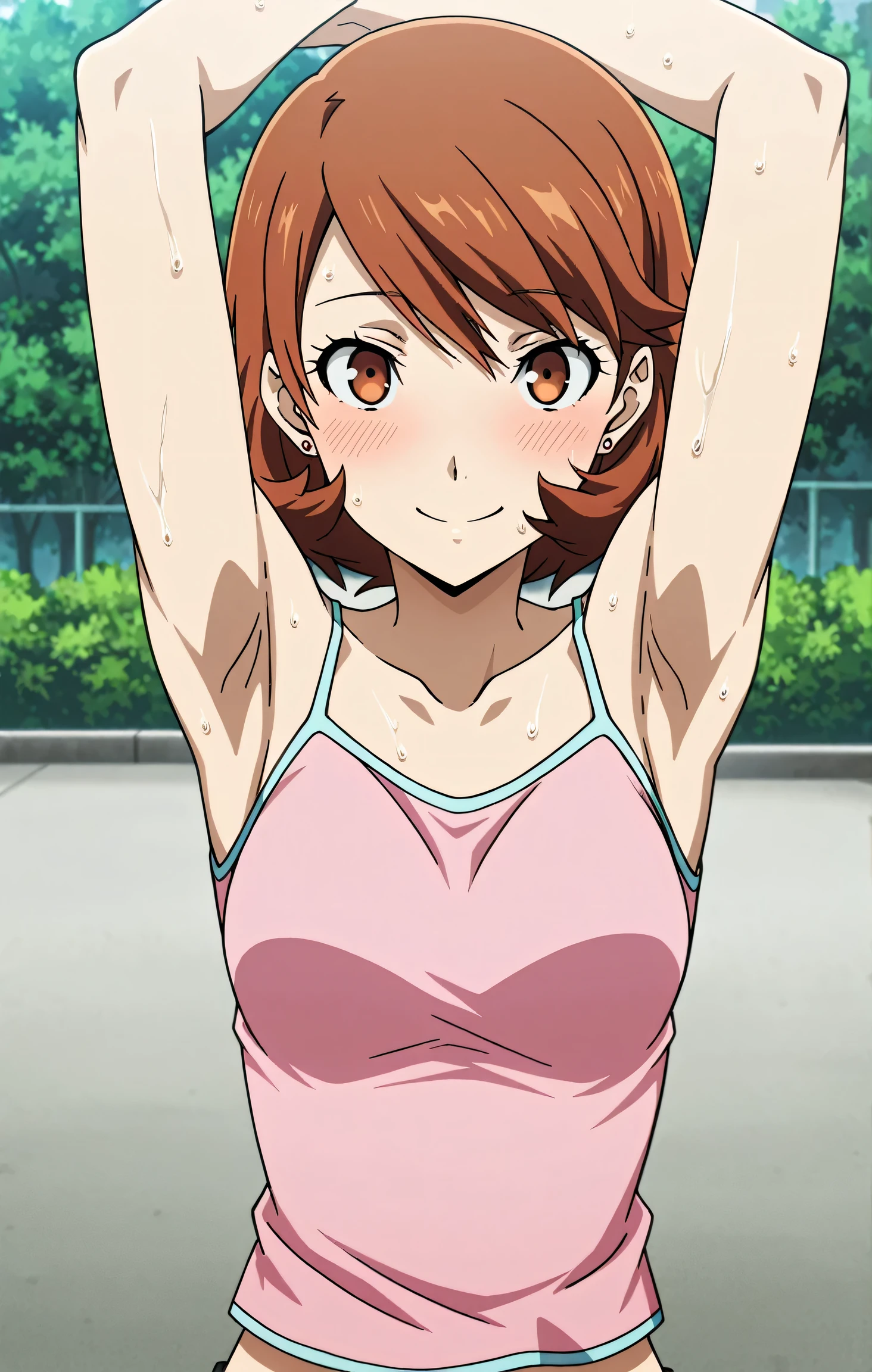 masterpiece, best quality, amazing quality, anime screencap, anime coloring, 1girl, solo, p3yukari, yukari takeba, short hair, light brown hair, earrings, brown eyes, p3yukari-sumcas, tank top, pink camisole, medium breasts, (sweaty:0.7), sleeveless, bare shoulders, bare arms, arms up, raised arms, armpits, armpits focus, head towards viewer, (looking at viewer:1.1), direct eye contact, smile, blush, closed mouth, outdoors, day, midriff