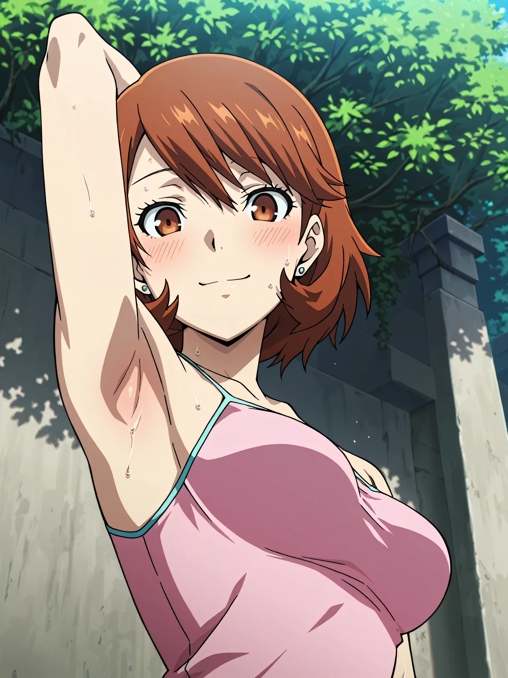 masterpiece, best quality, amazing quality, anime screencap, anime coloring, 1girl, solo, p3yukari, yukari takeba, short hair, light brown hair, earrings, brown eyes, p3yukari-sumcas, tank top, pink camisole, medium breasts, (sweaty:0.7), sleeveless, bare shoulders, bare arms, arm behind head, armpit, armpit focus, head towards viewer, (looking at viewer:1.1), direct eye contact, smile, blush, closed mouth, outdoors, day, from side, from below
