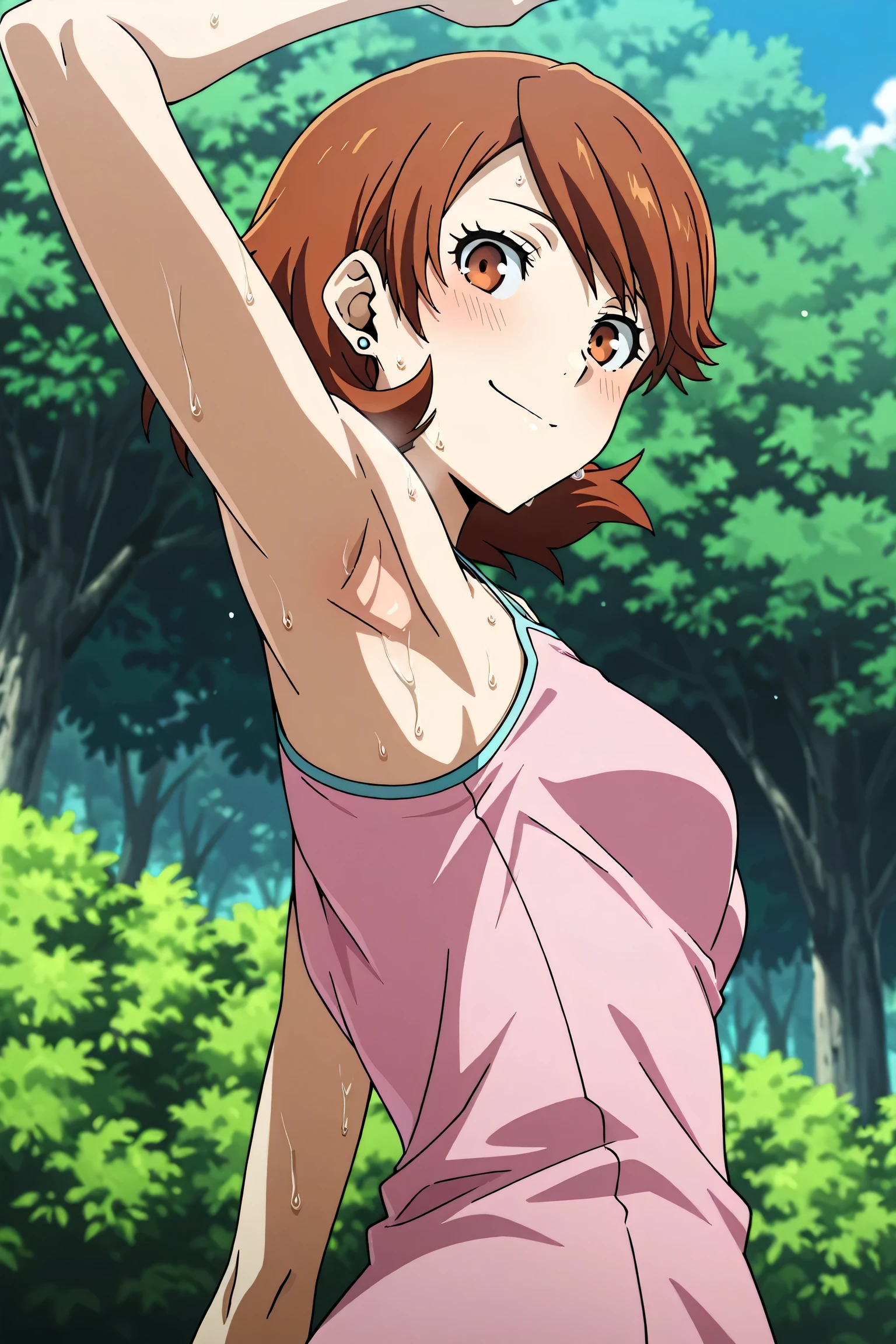masterpiece, best quality, amazing quality, anime screencap, anime coloring, 1girl, solo, p3yukari, yukari takeba, short hair, light brown hair, earrings, brown eyes, p3yukari-sumcas, tank top, pink camisole, medium breasts, (sweaty:0.7), sleeveless, bare shoulders, bare arms, arm up, raised arm, armpit, armpit focus, head towards viewer, (looking at viewer:1.1), direct eye contact, smile, blush, closed mouth, outdoors, day, from side, from below, from behind