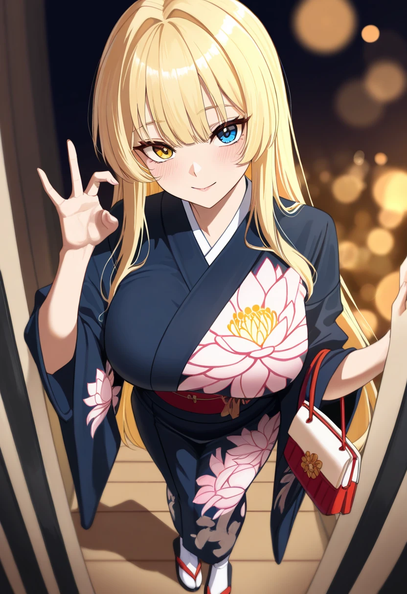 1girl, Arisa ichigaya, x hair ornament, blonde twintails, off shoulder yukata, , large , fireworks background, night, pov