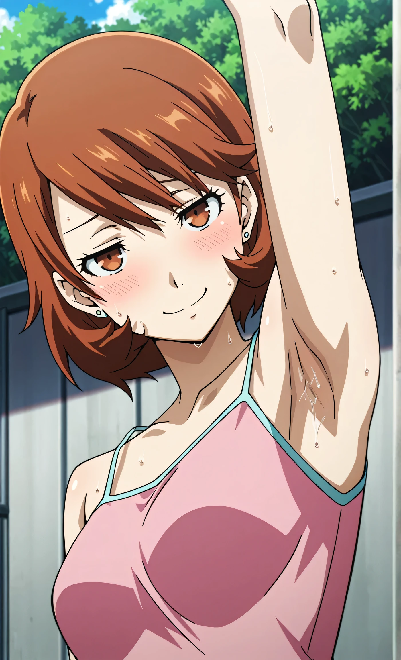 masterpiece, best quality, amazing quality, anime screencap, anime coloring, 1girl, solo, p3yukari, yukari takeba, short hair, light brown hair, earrings, brown eyes, p3yukari-sumcas, tank top, pink camisole, medium breasts, (sweaty:0.7), sleeveless, bare shoulders, bare arms, arm up, raised arm, armpit, armpit focus, head towards viewer, (looking at viewer:1.1), direct eye contact, smile, smug, half-closed eyes,, blush, closed mouth, outdoors, day,