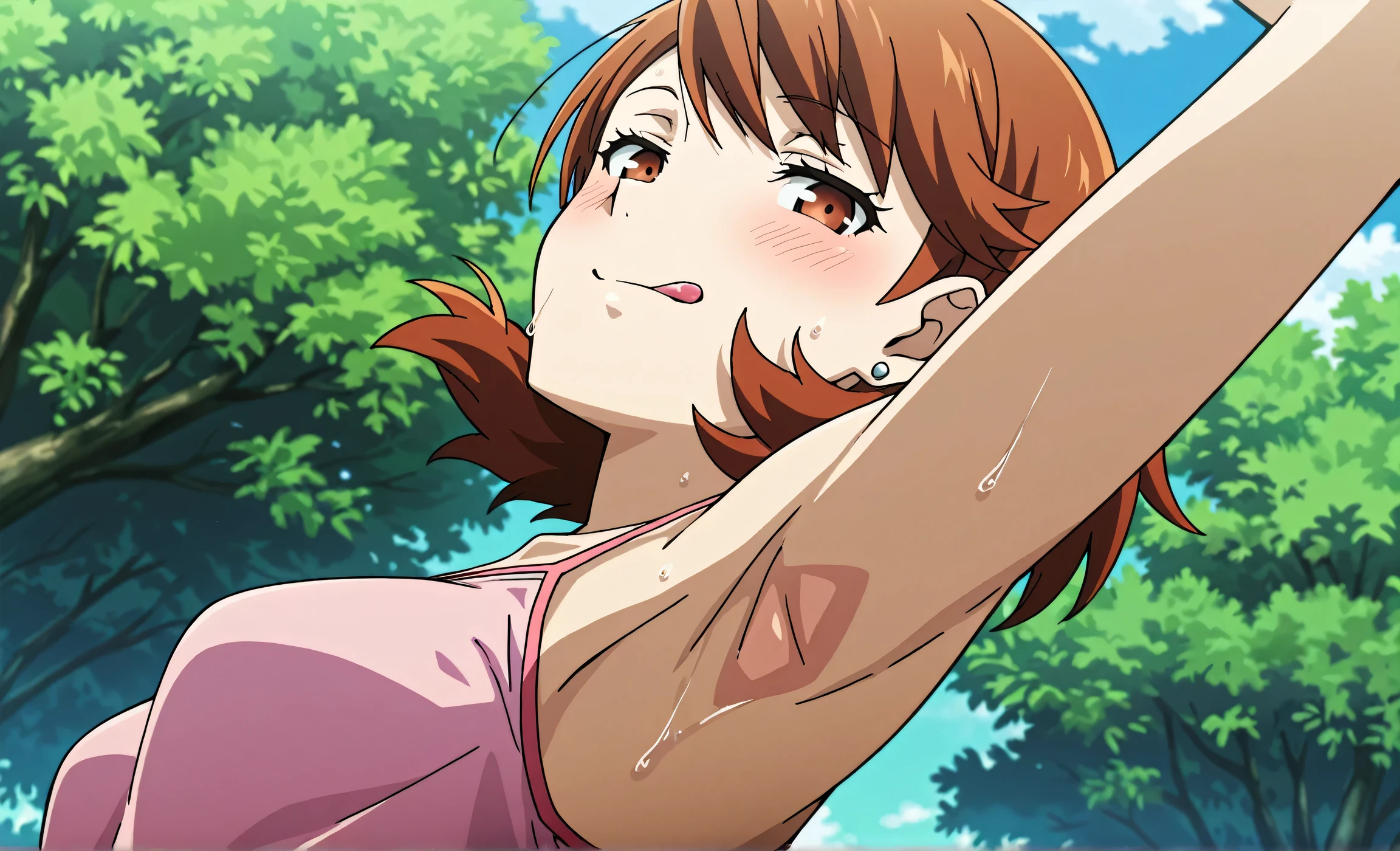 masterpiece, best quality, amazing quality, anime screencap, anime coloring, 1girl, solo, p3yukari, yukari takeba, short hair, light brown hair, earrings, brown eyes, p3yukari-sumcas, tank top, pink camisole, medium breasts, (sweaty:0.7), sleeveless, bare shoulders, bare arms, arm up, raised arm, armpit, armpit focus, head towards viewer, (looking at viewer:1.1), direct eye contact, smile, smug, half-closed eyes,, blush, closed mouth, outdoors, day, from side, from below, licking lips,