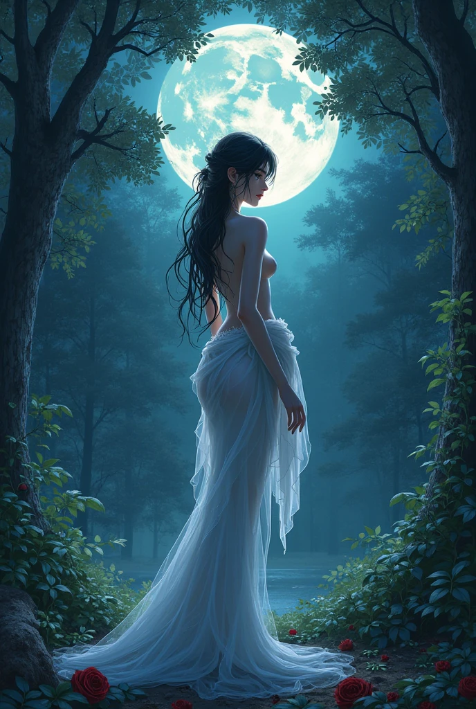 In a graveyard in front of a tombstone, a decomposing beautiful nude woman crawls out of a hole in the ground. A spectral being draped in flowing iridescent mists. The image, a stunning digital art piece, is bathed in a dreamlike haze of BLue and gold Dynamic Soft lighting. ,zombie bride