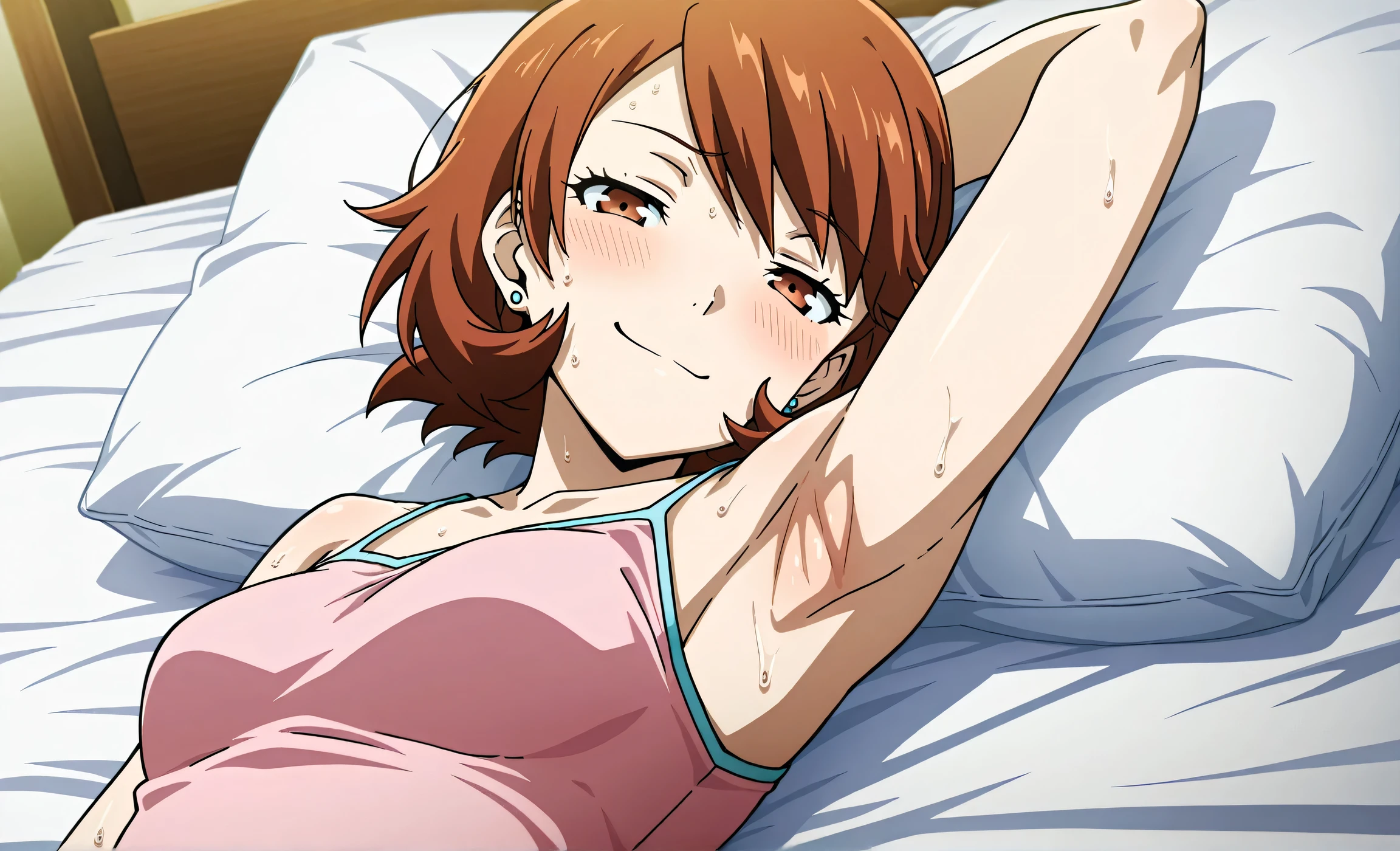 masterpiece, best quality, amazing quality, anime screencap, anime coloring, 1girl, solo, p3yukari, yukari takeba, short hair, light brown hair, earrings, brown eyes, p3yukari-sumcas, tank top, pink camisole, medium breasts, (sweaty:0.7), sleeveless, bare shoulders, bare arms, arm behind head, armpit, armpit focus, head towards viewer, (looking at viewer:1.1), direct eye contact, smile, smug, half-closed eyes, blush, closed mouth, lying in bed, from side, from above, pillow
