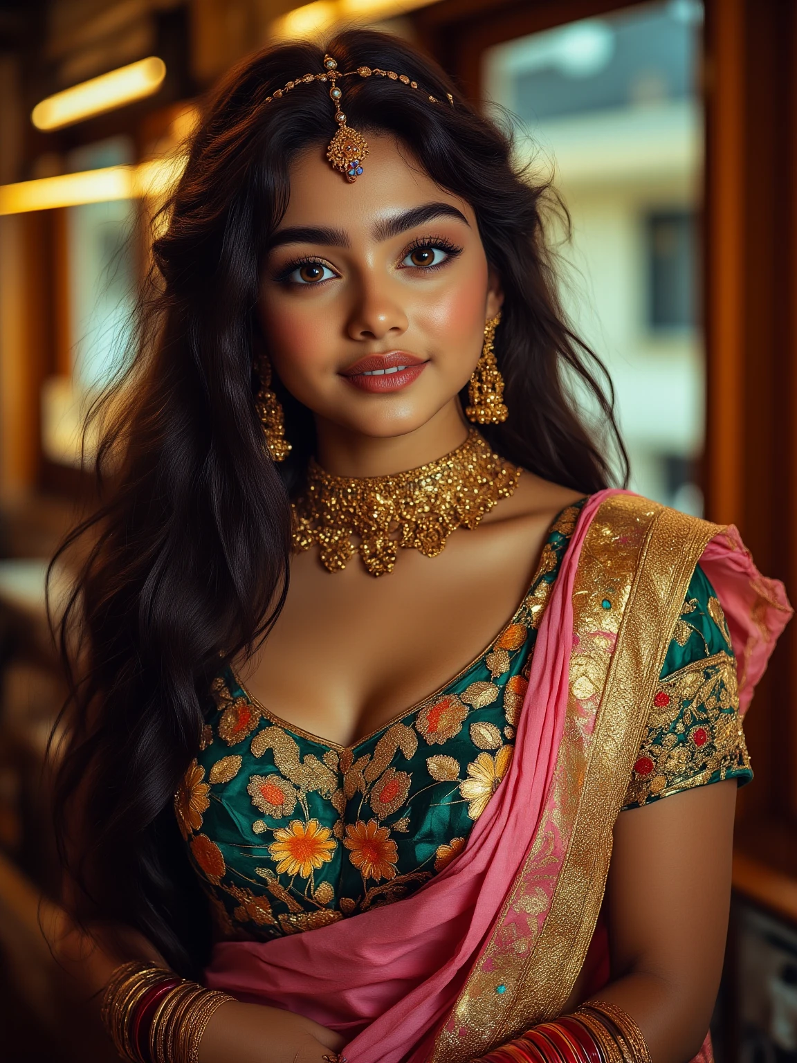 a close up of a woman wearing a red and orange sari, traditional beauty, assamese aesthetic, with lovely look, inspired by T. K. Padmini, traditional makeup, indian girl with brown skin, wearing a steampunk sari, with professional makeup, dressed in a sari, wearing bihu dress mekhela sador, indian, indian style, wearing a sari
