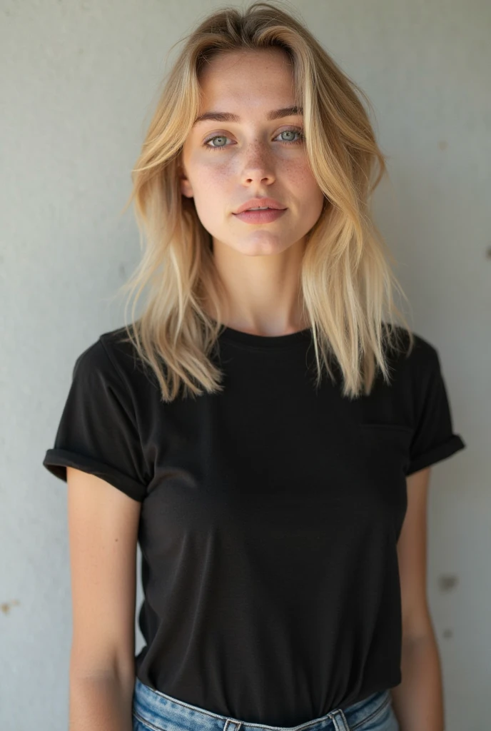 Create a layout for a ecommerce website that is predominantly black white and grey and minimalist that sells white and black Tee Shirts only, incorporate and display albino male model and dark female model in create ways posing and modelling, Company name is "Blanco De Nero"
