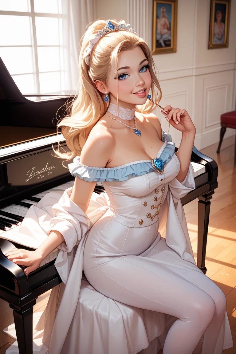 araffe dressed in blue sitting on a chair with a glass of wine, hyperrealistic full figure, thicc, curvaceous. detailed, divine render, blue corset, giant stunning goddess shot, bright blue shiny lingerie, blonde goddess, super detailed and realistic, ( highly detailed figure ), granblue fantasy, small curvy loli, very detailed and high quality