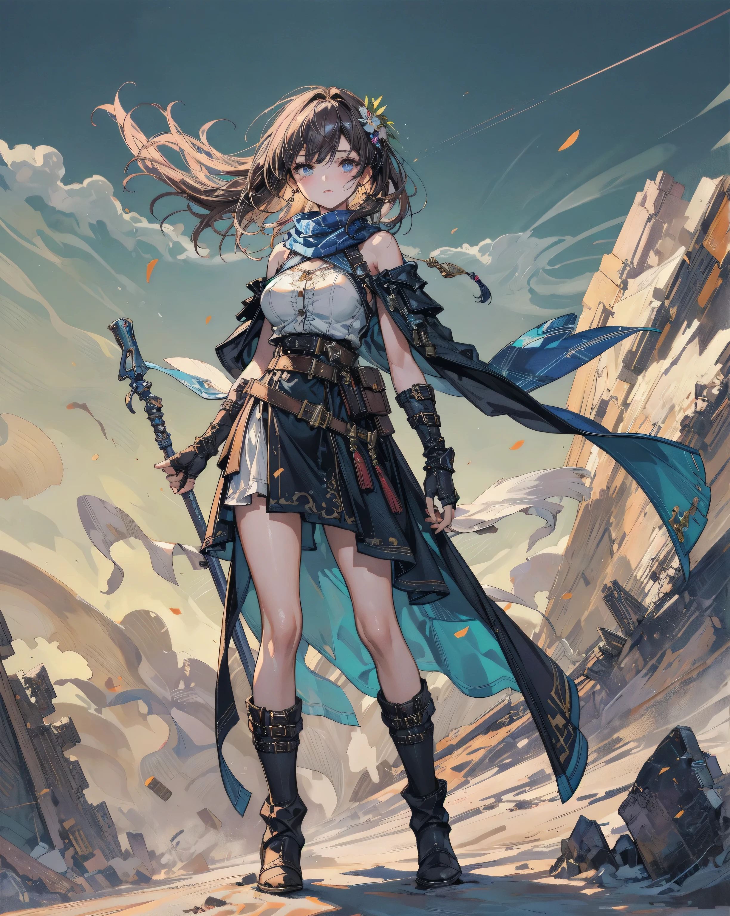 masterpiece, best quality, ultra-detailed, illustration, 1girls, realistic, midriff, solo, fantasy, RPG, heroine, cowboy shot, wind blows, outdoors, epic, dramatic, dynamic, magic, shadow, impact, realism, naturalistic, video game culture, anime, manga, Japanese, RPG tropes, character design, animation, special effects, composition, scale, night, dark, starry, high ground, background, perspective, light, light shafts, moonrays, professional lighting, color, texture, detail, beauty, wonder, cinemascope, scenery, panorama, aerial view, mountain, field of view, fibonacci golden ratio, lens flare, depth of field, by Makoto Shinkai