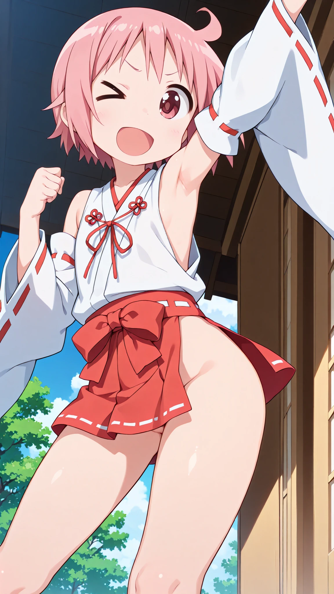 flat color, anime cels style, best quality, high resolution, 1girl, honoka, miko, hakama skirt, blush, embarrassed, closed mouth, (huge breasts), sky, (leg lift, standing split:1.2) camel toe