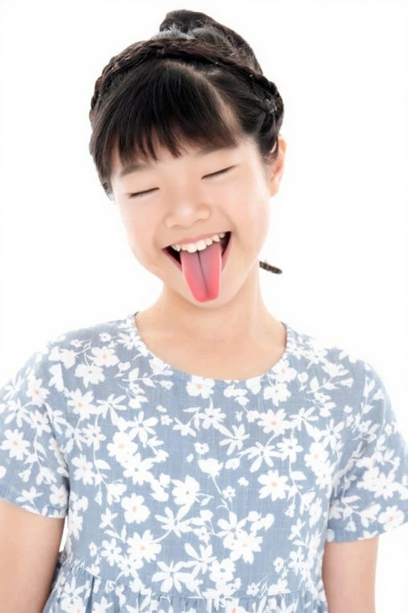 Japanese,Beautiful 6 years old,Baby Face、Upper body image、Ultra-flat chest:1.85、Ultra short height、smile、Flat Chestのクローズアップ、Flat Chest:1.85、cute,Primary school students,clavicle、Primary school studentsのcute私服、Summer clothes、So small and so young、On the bed:1.85、She has her arms open wide waiting for a hug:1.85、Big frilly ribbon:1.85、Strong motherhood、sunday morning、Sticking out a long tongue:1.85