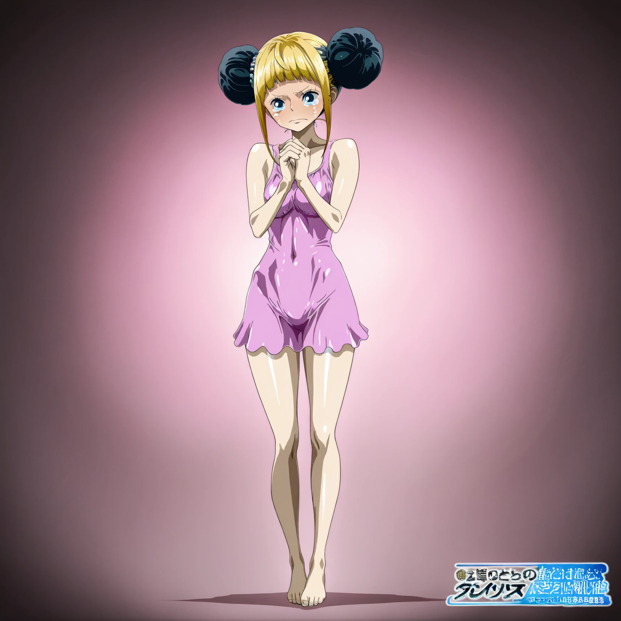 1 girl, solo, Ito, blonde hair,multicolored hair, short hair, glasses, polka dot bra, aqua bra, polka dot panties, orange panties purple eyes, ribbon stocking, blue stocking, sneakers, purple snickers, little breasts, shy, by gamers chair, dark gamer room, smiling, standing, hands on hips, full body view, slim body,
