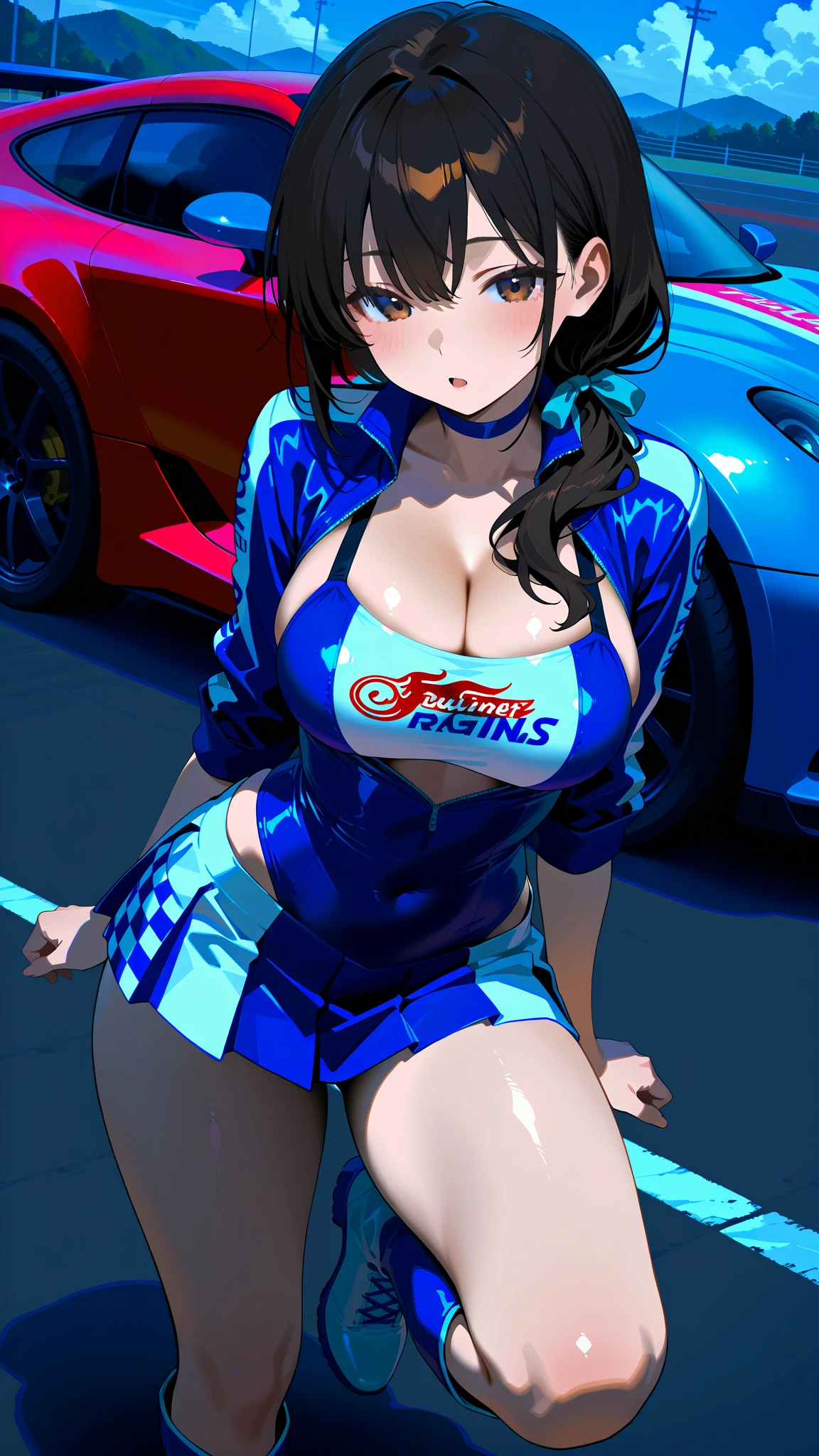 table top, highest quality, Super detailed, throw, ((5 women:1.9)), (Mr.々hairstyle), Beautiful eyes with attention to detail, ((racing suit)), sexy pose, enchanting smile, detailed background, With background: (Car Racing Venues:1.3), choker, (Group photo:1.6)
