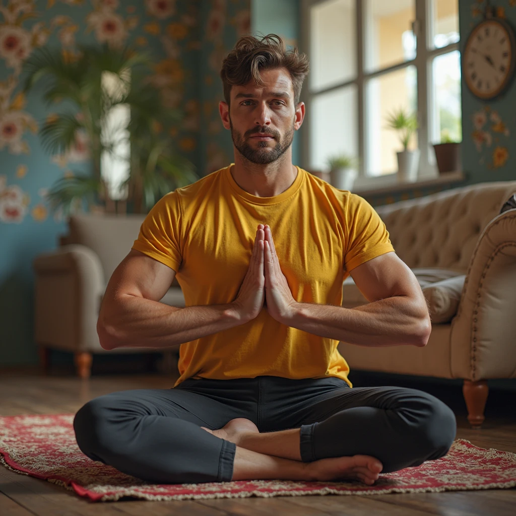 A man with brown skin, short brown hair, and a trimmed beard, in a meditation position with his eyes closed and his hands in a prayer position. He is wearing lilac pants and , with a defined abdomen. The image should be a full-body shot in a meditation position, very realistic, in an all-white temple with a white floor, white stone walls, a white ceiling, and white columns.