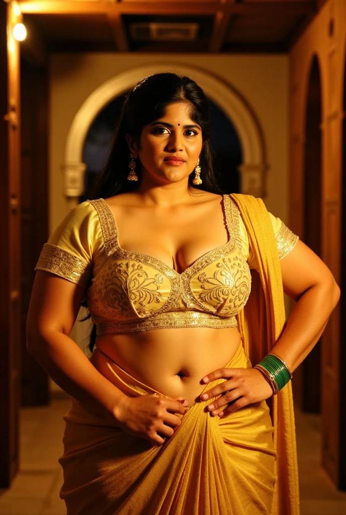 Indian woman masterpiece, best quality, ultra-detailed, (warm hue, warm tone: 1.2), wearing colorful bra, 20 years old, (chubby cheeks:1.1), (curvy body:1.2), (bindi), An Indian beauty, charismatic, light Indian- skin, view the viewer, naughty smile, Indian village,fat Chubby big Cleavage cinematic light, side lighting, ultra high resolution, best shadow, RAW, seductive look, 4k
