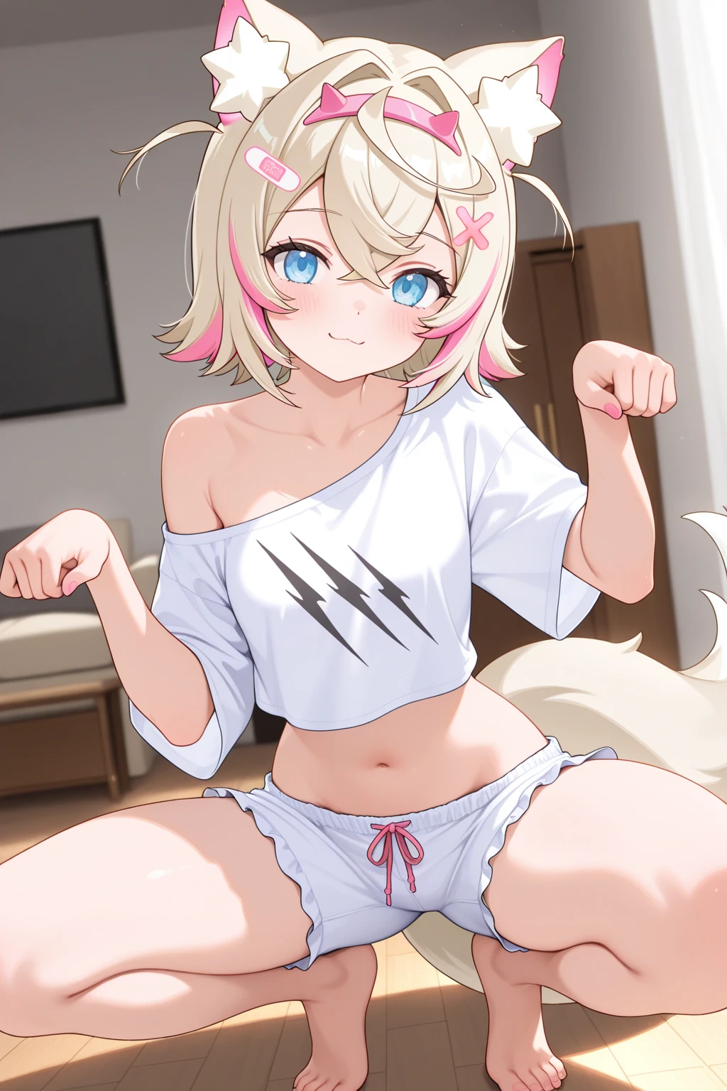 ((masterpiece)), (anime:1.3), ((Highest quality)), (RAW Photos:1.2), (Professional photography:1.3), (High resolution), (12 years old), 8K, Cinema Lighting, Disheveled Hair, (Exposed small breasts), Denim hot pants,(Pure white glossy hair),(Short hair with outward curls:1.3) ,(Healthy dark skin),A badly tattered and torn camisole, (Dirty oversized white camisole), Slim and small breasts, (PAW Pose),(Double teeth), (Open your mouth),(Sticking out tongue), Textured skin, Cat ear,Fluffy dog tail ,Light brown hair, Cute beautiful girl, break, ((Highest quality)), (Sitting at the end of an old pier), Slums,