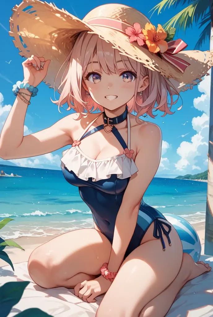 best quality,masterpiece, high res,original, beautiful detailed eyes,ultra-detailed, 1girl, charlotte, hat, medium_hair, monocle, pink_hair, solo, green_eyes, (bikini, beach, ocean), looking_at_viewer,
<lora:charlotte_v1:0.7>