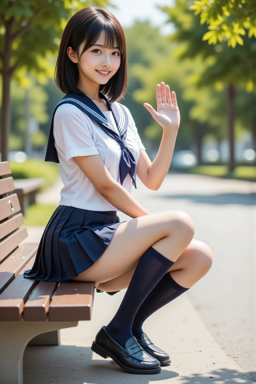 hi-school girl　Alafed Girl, chiho, iwakura lain, closeup Iwakura Lain, With short hair, Shiori Teshirogi, Kotegawa Yui, hime-cut, girlfriend 17 years old, sui ishida with black hair, lain iwakura, girl cute-fine-face, A refreshing smile　Clear pubic contours,(Small breasts), hight resolution, ighly detailed, top-quality, [​masterpiece:1.6],, very stocky、(From  above:1.2)、(a closeup:1.4)A woman wearing a high school uniform fixing her shoelaces in a downtown area, Squatting、