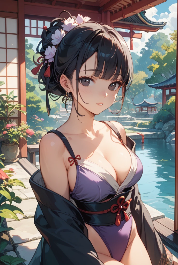 ((masterpiece)),(bestquality),((ultra-detailed)), ((beautiful detailed sky)), ((cinematic lighting)), depth of field, (dynamic angle),detailed lighting,(beautiful detailed eyes), ((japan night view)),red lip, eyeshadow,large breast, (erotic), ((sexy)), cleavage, navel, (keqingdef, keqingrnd)
