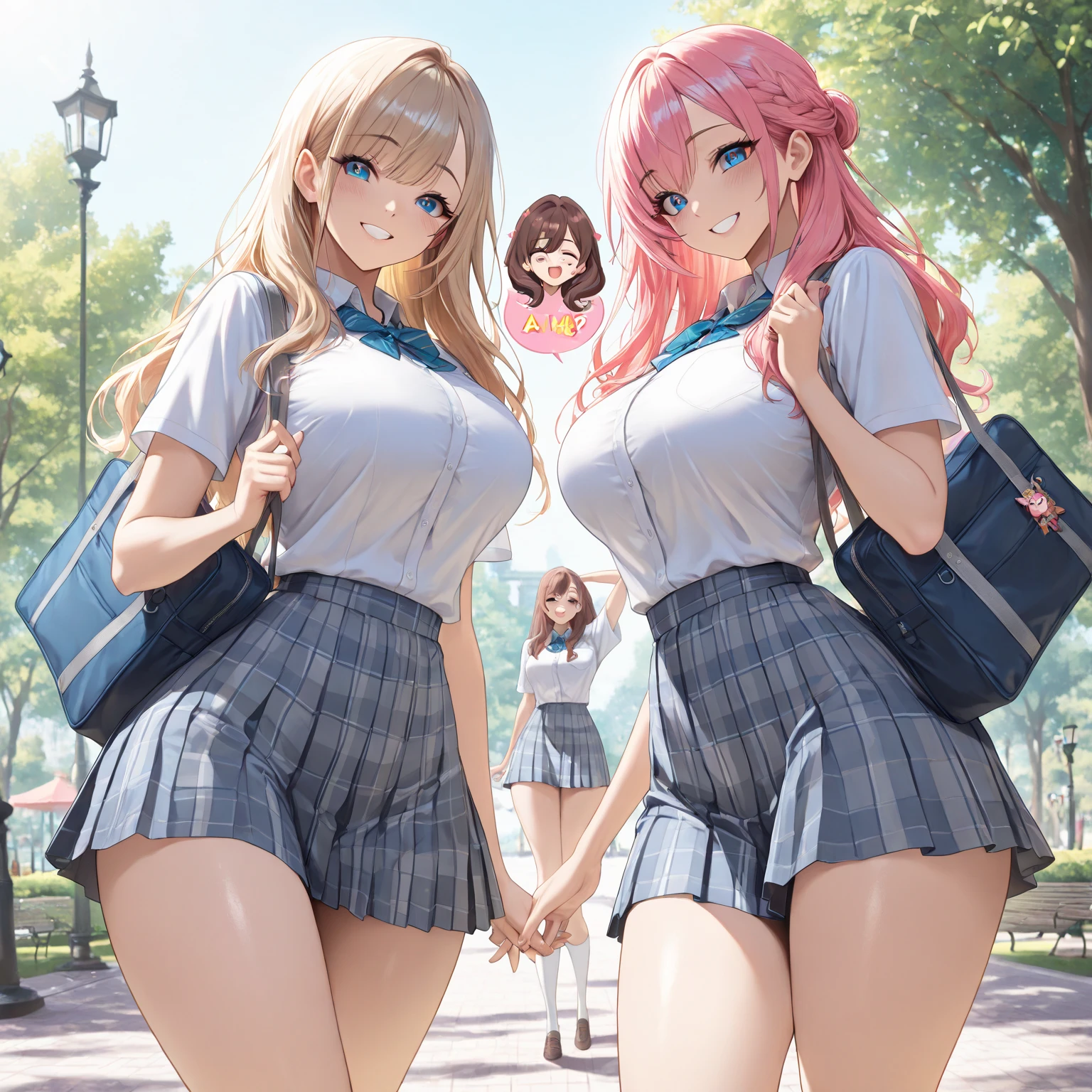 ((2 girls))、(smile:1.5)、Small breasts、（Cowboy Shot）、(fun!!)、(cardigan)、(Blonde)、(blush:1.4)、、(single braid)、(Eye highlights:1.3)、blake black shoes,(黒いskirt)、bow, button, shirt with collar, Long sleeve,  ((red bow tie, , Black jacket, Open jacket, 茶色のcardigan, white shirt, 黒のskirt, チェック柄のskirt、white socks)),, shirt,, skirt, socks, Thighs, white shirt, Rest indoors, ((classroom:1.5))、 BREAK while watching the audience、(skirtを掴む:1.0)、 (Perfect hands, Perfect Anatomy),Cowboy Shot、(skirt lift:1.3),(Highly detailed strawberry print panties:1.3)、(highly detailed panties:1.3)、、(skirt that rolls up:1.3)、(Full-fledged panties:1.5)、Light blue eyes、