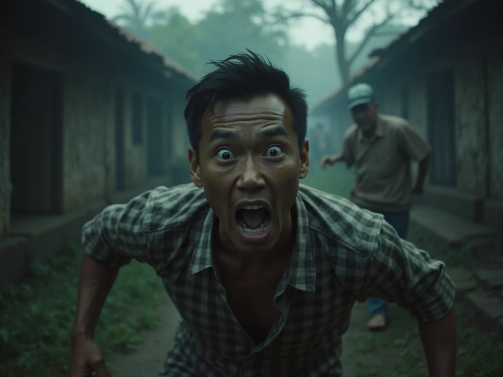 In 1980 Thai old wood rural house ,full body photography of an Cambodian man in a Thailand 70 years ago outfit jumping with his mouth open and head tilted up, an Thai style ghost is flying above his face rotten which has back hair and long Tongue, in the style of a dark warehouse background, some people watching from the distance, smoke around him. hyper detail ,hyper emotional face acting , hyper realistic photography ,shot by 1990 Nikon film camera , drama action-movie 1990s dvd screen grab, Big eyes, dark red strawberry jam is scattered , nightmare and luminal feeling
