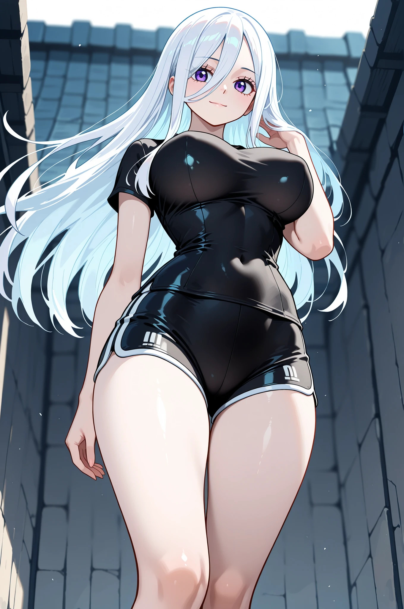 (((I want a woman alone, light skin, long gray hair, completely black eyes, medium curvy body, medium chest, Wearing a nice outfit while making funny faces)))