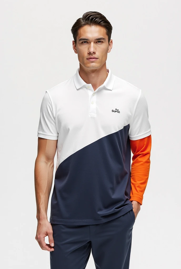 Camiseta polo, blanca con cuello naranja y una manga naranja y la otra azul cielo