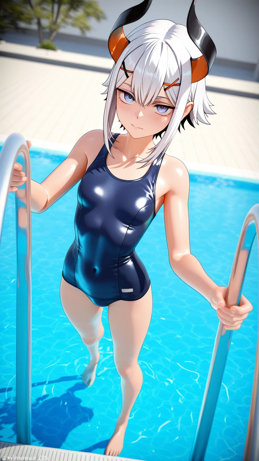 2girls, multiple girls, two female characters, half-siblings, look-alike, height difference, crossover, friends, anime style, 4k quality, masterpiece, best quality, "Kanase Kanon light blue eyes, White hair, side braid, braid, blue ribbon, hair ribbon,  medium hair, small breasts, neatfigure, teenage girl, Height 158 cm", "Tobiichi Origami white hair, dark blue eyes, hairclip, beautiful eyes, detailed eyes, small breast, height 152 cm ", competition swimsuit, hydrasuit, turtleneck swimsuit, black swimsuit, highleg swimsuit, standing, full body, back-to-back, looking at another, indoors, pool, poolside, wading pool, wet, wet clothes, sweatdrop, smile, open mouth, wide shot, two girls are swim
